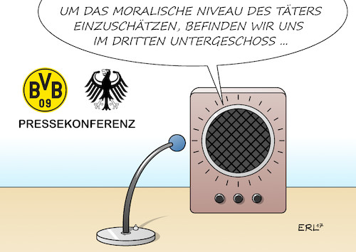 Cartoon: BvB Bomber (medium) by Erl tagged bvb,borussia,dortmund,fußball,bombenanschlag,mannschaftsbus,verhaftung,täter,börse,spekulant,spekulation,aktien,fall,moral,niveau,keller,gier,geldgier,habgier,pressekonferenz,bundesanwaltschaft,karikatur,erl,bvb,borussia,dortmund,fußball,bombenanschlag,mannschaftsbus,verhaftung,täter,börse,spekulant,spekulation,aktien,fall,moral,niveau,keller,gier,geldgier,habgier,pressekonferenz,bundesanwaltschaft,karikatur,erl