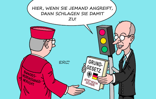 Cartoon: BVG-Schutz (medium) by Erl tagged politik,demokratie,gewaltenteilung,judikative,schutz,autokratie,diktatur,justiz,bundesverfassungsgericht,regeln,änderung,grundgesetz,zweidrittelmehrheit,beschluss,bundesregierung,ampel,spd,grüne,fdp,union,cdu,csu,friedrich,merz,richter,karikatur,erl,politik,demokratie,gewaltenteilung,judikative,schutz,autokratie,diktatur,justiz,bundesverfassungsgericht,regeln,änderung,grundgesetz,zweidrittelmehrheit,beschluss,bundesregierung,ampel,spd,grüne,fdp,union,cdu,csu,friedrich,merz,richter,karikatur,erl