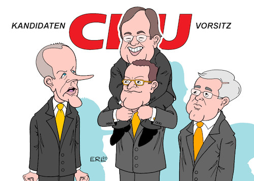 Cartoon: CDU-Kandidaten (medium) by Erl tagged politik,partei,cdu,rückzug,vorsitzende,akk,annegret,kramp,karrenbauer,nachfolge,kandidaten,friedrich,merz,team,duo,armin,laschet,jens,spahn,norbert,röttgen,rennen,wahl,25,april,richtung,konservativ,fortschrittlich,konkurrenz,afd,die,grünen,karikatur,erl,politik,partei,cdu,rückzug,vorsitzende,akk,annegret,kramp,karrenbauer,nachfolge,kandidaten,friedrich,merz,team,duo,armin,laschet,jens,spahn,norbert,röttgen,rennen,wahl,25,april,richtung,konservativ,fortschrittlich,konkurrenz,afd,die,grünen,karikatur,erl