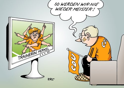 Cartoon: CDU (medium) by Erl tagged merkel,trainerin,fußball,bundesliga,meister,cdu,angela,bundeskanzlerin,partei,vorsitz,vorsitzende,chef,chefin,richtung,linie,kern,markenkern,mitglieder,unzufriedenheit,umfrage,werte,wähler,cdu,meister,bundesliga,fußball,trainerin,merkel,angela,bundeskanzlerin