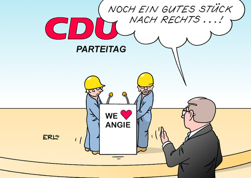 Cartoon: CDU (medium) by Erl tagged cdu,parteitag,wahl,vorsitzende,angela,merkel,angie,zugpferd,alternativlos,kurs,unzufriedenheit,links,rechts,konservativ,profil,flüchtlingspolitik,härte,karikatur,erl,cdu,parteitag,wahl,vorsitzende,angela,merkel,angie,zugpferd,alternativlos,kurs,unzufriedenheit,links,rechts,konservativ,profil,flüchtlingspolitik,härte,karikatur,erl