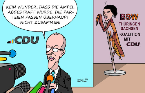 Cartoon: CDU BSW (medium) by Erl tagged politik,wahl,landtagswahl,wahlen,landtagswahlen,thüringen,wahlsieger,afd,rechtsextrem,björn,höcke,faschist,gefahr,demokratie,sachsen,cdu,koalition,bsw,friedrich,merz,sahra,wagenknecht,positionen,weit,auseinender,ampel,streit,regieren,schwer,wählerinnen,wähler,denkzettel,hammer,union,frage,kanzlerkandidat,söder,karikatur,erl,politik,wahl,landtagswahl,wahlen,landtagswahlen,thüringen,wahlsieger,afd,rechtsextrem,björn,höcke,faschist,gefahr,demokratie,sachsen,cdu,koalition,bsw,friedrich,merz,sahra,wagenknecht,positionen,weit,auseinender,ampel,streit,regieren,schwer,wählerinnen,wähler,denkzettel,hammer,union,frage,kanzlerkandidat,söder,karikatur,erl