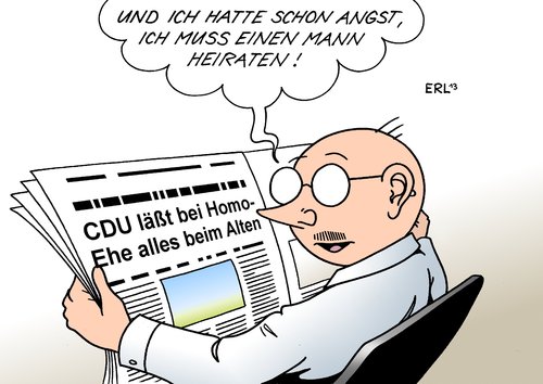 Cartoon: CDU Homo-Ehe (medium) by Erl tagged ehe,homoehe,gleichgeschlechtlich,lebenspartnerschaft,rechte,bundesverfassungsgericht,cdu,abwarten,homosexuell,homosexualität,homophobie,ehe,homoehe,gleichgeschlechtlich,lebenspartnerschaft,rechte,bundesverfassungsgericht,cdu,abwarten,homosexuell,homosexualität,homophobie