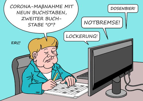 Cartoon: Corona-Maßnahmen (medium) by Erl tagged politik,corona,virus,pandemie,covid19,lockdown,treffen,bundeskanzlerin,angela,merkel,ministerpräsidentinnen,ministerpräsidenten,beratung,maßnahmen,lockerung,notbremse,dosenbier,kreuzworträtsel,videokonferenz,karikatur,erl,politik,corona,virus,pandemie,covid19,lockdown,treffen,bundeskanzlerin,angela,merkel,ministerpräsidentinnen,ministerpräsidenten,beratung,maßnahmen,lockerung,notbremse,dosenbier,kreuzworträtsel,videokonferenz,karikatur,erl