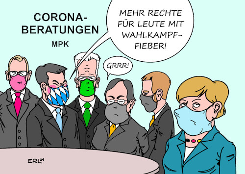 Cartoon: Corona MPK (medium) by Erl tagged politik,corona,virus,pandemie,covid19,mpk,konferenz,ministerpräsidentinnen,ministerpräsidenten,bundeskanzlerin,angela,merkel,beratung,inzidenzwert,vorteile,rechte,geimpfte,nachteile,ungeimpfte,markus,söder,csu,kritik,armin,laschet,cdu,kanzlerkandidat,union,wahl,bundestagswahl,wahlkampf,pannen,lasch,schlafwagen,wahlkampffieber,fehlanzeige,karikatur,erl,politik,corona,virus,pandemie,covid19,mpk,konferenz,ministerpräsidentinnen,ministerpräsidenten,bundeskanzlerin,angela,merkel,beratung,inzidenzwert,vorteile,rechte,geimpfte,nachteile,ungeimpfte,markus,söder,csu,kritik,armin,laschet,cdu,kanzlerkandidat,union,wahl,bundestagswahl,wahlkampf,pannen,lasch,schlafwagen,wahlkampffieber,fehlanzeige,karikatur,erl