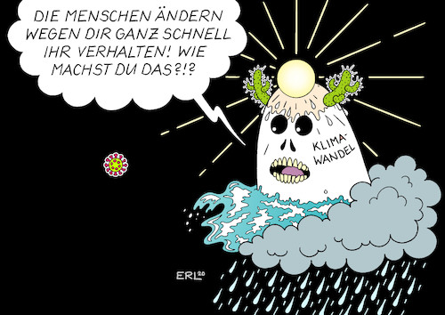 Cartoon: Corona und Klima (medium) by Erl tagged politik,gesundheit,krankheit,infektion,coronavirus,covid19,pandemie,maßnahmen,quarantäne,sperrgebiet,flugreisen,ausfälle,veranstaltungen,absagen,reisen,verhalten,änderung,schnell,langsam,klima,klimawandel,erderwärmung,co2,reduzierung,karikatur,erl,politik,gesundheit,krankheit,infektion,coronavirus,covid19,pandemie,maßnahmen,quarantäne,sperrgebiet,flugreisen,ausfälle,veranstaltungen,absagen,reisen,verhalten,änderung,schnell,langsam,klima,klimawandel,erderwärmung,co2,reduzierung,karikatur,erl