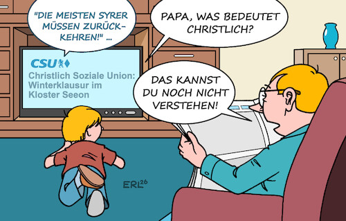 Cartoon: CSU-Klausur (medium) by Erl tagged politik,partei,csu,christlich,sozial,union,migration,syrien,abschiebungen,verschärfung,klausur,kloster,seeon,karikatur,erl,politik,partei,csu,christlich,sozial,union,migration,syrien,abschiebungen,verschärfung,klausur,kloster,seeon,karikatur,erl