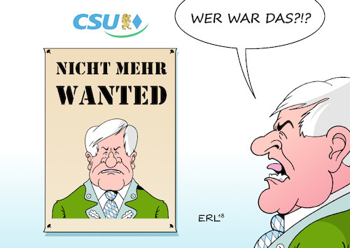 Cartoon: CSU Seehofer (medium) by Erl tagged politik,bayern,landtagswahl,regierung,partei,alleinregierung,csu,absolute,mehrheit,umfragen,absturz,einbruch,umfragetief,wähler,denkzettel,ministerpräsident,markus,söder,landespolitik,bundespolitik,innenminister,horst,seehofer,sündenbock,streit,bundeskanzlerin,angela,merkel,cdu,flüchtlingspolitik,groko,berlin,blockade,forderung,rücktritt,fahndungsplakat,karikatur,erl,politik,bayern,landtagswahl,regierung,partei,alleinregierung,csu,absolute,mehrheit,umfragen,absturz,einbruch,umfragetief,wähler,denkzettel,ministerpräsident,markus,söder,landespolitik,bundespolitik,innenminister,horst,seehofer,sündenbock,streit,bundeskanzlerin,angela,merkel,cdu,flüchtlingspolitik,groko,berlin,blockade,forderung,rücktritt,fahndungsplakat,karikatur,erl