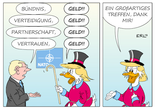 Cartoon: Dagobert Trump (medium) by Erl tagged politik,nato,bündnis,verteidigung,verteidigungsbündnis,beistandspakt,militär,gipfel,usa,präsident,donald,trump,vorwürfe,beschuldigungen,handel,geschäft,deal,geld,ausgaben,verteidigungsausgaben,erhöhung,deutschland,dagobert,duck,treffen,großartig,unberechenbarkeit,zickzackkurs,rechtspopulismus,partnerschaft,vertrauen,karikatur,erl,politik,nato,bündnis,verteidigung,verteidigungsbündnis,beistandspakt,militär,gipfel,usa,präsident,donald,trump,vorwürfe,beschuldigungen,handel,geschäft,deal,geld,ausgaben,verteidigungsausgaben,erhöhung,deutschland,dagobert,duck,treffen,großartig,unberechenbarkeit,zickzackkurs,rechtspopulismus,partnerschaft,vertrauen,karikatur,erl