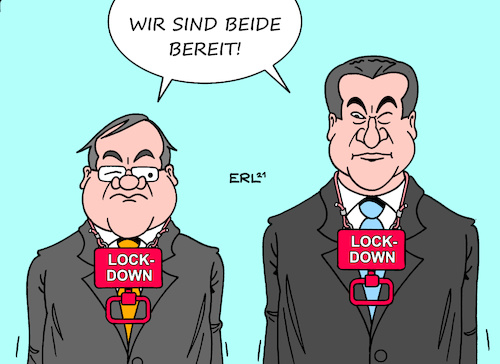 Cartoon: Das Duell (medium) by Erl tagged politik,corona,virus,pandemie,covid19,lockdown,notbremse,kompetenz,bund,länder,frage,union,kanzlerkandidat,armin,laschet,cdu,nrw,ministerpräsident,markus,söder,csu,bayern,bereitschaft,duell,ziehen,karikatur,erl,politik,corona,virus,pandemie,covid19,lockdown,notbremse,kompetenz,bund,länder,frage,union,kanzlerkandidat,armin,laschet,cdu,nrw,ministerpräsident,markus,söder,csu,bayern,bereitschaft,duell,ziehen,karikatur,erl