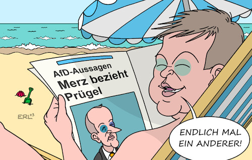 Cartoon: Deine blauen Augen (medium) by Erl tagged politik,partei,cdu,vorsitz,friedrich,merz,aussagen,verhältnis,afd,rechtsextremismus,rechtspopulismus,kritik,prügel,blaue,augen,ablösung,robert,habeck,grüne,heizungsgesetz,urlaub,strand,meer,liegestuhl,sonnenschirm,karikatur,erl,politik,partei,cdu,vorsitz,friedrich,merz,aussagen,verhältnis,afd,rechtsextremismus,rechtspopulismus,kritik,prügel,blaue,augen,ablösung,robert,habeck,grüne,heizungsgesetz,urlaub,strand,meer,liegestuhl,sonnenschirm,karikatur,erl