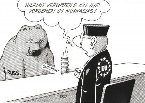 Cartoon: Der Ernst der Lage (medium) by Erl tagged eu,russland,kaukasus konflikt,verurteilung,europa,georgien,südossetien,abchasien,unabhängigkeit,anerkennung,krieg,militär,kaukasus,konflikt