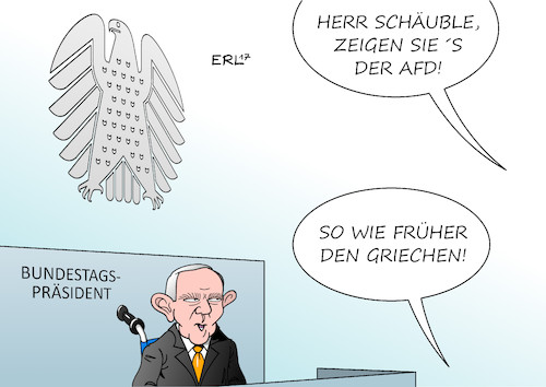 Cartoon: Der richtige Mann (medium) by Erl tagged bundestagswahl,wahl,2017,bundestag,neu,konstituierende,sitzung,bundestagspräsident,wolfgang,schäuble,ex,finanzminister,hardliner,sparkurs,griechenland,griechen,afd,rechtspopulismus,rechtsextremismus,parlament,disziplin,ordnung,umgangsformen,karikatur,erl,bundestagswahl,wahl,2017,bundestag,neu,konstituierende,sitzung,bundestagspräsident,wolfgang,schäuble,ex,finanzminister,hardliner,sparkurs,griechenland,griechen,afd,rechtspopulismus,rechtsextremismus,parlament,disziplin,ordnung,umgangsformen,karikatur,erl