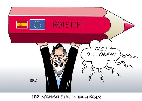 Cartoon: Der spanische Hoffnungsträger (medium) by Erl tagged spanien,wahl,sieg,mariano,rajoy,partido,popular,volkspartei,konservativ,verlust,sozialisten,psoe,arbeitslosigkeit,immobilien,blase,verschuldung,sparkurs,eu,europa,rotstift,hoffnung,spanien,wahl,sieg,rajoy,partido,volkspartei,verlust,sozialisten