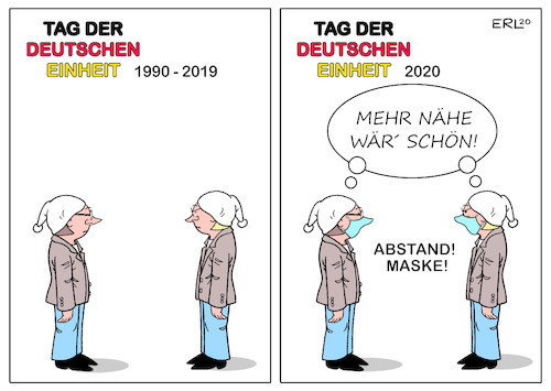 Cartoon: Deutsche Einheit (medium) by Erl tagged politik,deutschland,deutsche,einheit,ost,west,gemeinsamkeiten,unterschiede,corona,virus,pandemie,krise,zusammenhalt,zusammenwachsen,nähe,abstand,maske,karikatur,erl,politik,deutschland,deutsche,einheit,ost,west,gemeinsamkeiten,unterschiede,corona,virus,pandemie,krise,zusammenhalt,zusammenwachsen,nähe,abstand,maske,karikatur,erl