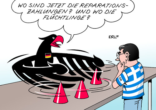 Cartoon: Deutschland Griechenland (medium) by Erl tagged deutschland,griechenland,schulden,krise,drittes,reich,besetzung,besatzung,reparation,wiedervereinigung,friedensvertrag,zwei,plus,vier,trick,hütchenspieler,eu,flüchtlingspolitik,flüchtlinge,bürgerkrieg,syrien,ankunft,bundesadler,flagge,karikatur,erl,deutschland,griechenland,schulden,krise,drittes,reich,besetzung,besatzung,reparation,wiedervereinigung,friedensvertrag,zwei,plus,vier,trick,hütchenspieler,eu,flüchtlingspolitik,flüchtlinge,bürgerkrieg,syrien,ankunft,bundesadler,flagge