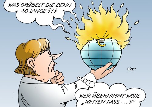 Cartoon: Deutschland hat andere Sorgen (medium) by Erl tagged gottschalk,thomas,showmaster,show,dass,wetten,lösung,grübeln,nachdenken,merkel,angela,bundeskanzlerin,krise,schulden,euro,erde,welt,europa,eu,deutschland,rücktritt,nachfolge,deutschland,eu,europa,euro,schulden,krise,angela,merkel,nachdenken