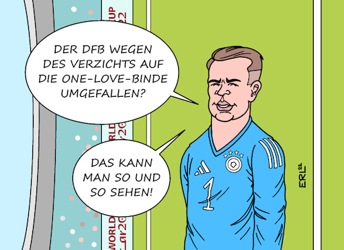 Cartoon: DFB (medium) by Erl tagged politik,sport,fußball,weltmeisterschaft,wm,katar,2022,menschenrechte,demokratie,pressefreiheit,meinungsfreiheit,gleichberechtigung,katastrophe,protest,mannschaften,kapitänsbinde,one,love,verbot,fifa,einknicken,umfallen,dfb,torhüter,manuel,neuer,karikatur,erl,politik,sport,fußball,weltmeisterschaft,wm,katar,2022,menschenrechte,demokratie,pressefreiheit,meinungsfreiheit,gleichberechtigung,katastrophe,protest,mannschaften,kapitänsbinde,one,love,verbot,fifa,einknicken,umfallen,dfb,torhüter,manuel,neuer,karikatur,erl