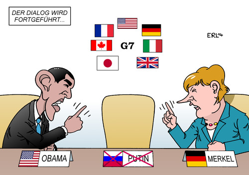 Cartoon: Dialog mit Putin (medium) by Erl tagged g7,ohne,russland,putin,ukraine,konflikt,obama,merkel,drohung,sanktionen,dialog,fortsetzung,usa,deutschland,frankreich,großbritannien,kanada,italien,japan,g7,ohne,russland,putin,ukraine,konflikt,obama,merkel,drohung,sanktionen,dialog,fortsetzung,usa,deutschland,frankreich,großbritannien,kanada,italien,japan