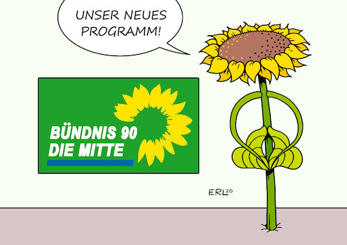 Cartoon: Die Grünen (medium) by Erl tagged politik,partei,parteitag,bündnis,90,die,grünen,grüne,programm,parteiprogramm,grundsatzprogramm,mitte,wähler,regierung,regierungsfähigkeit,kanzlerin,kanzler,bundeskanzlerin,bundeskanzler,annalena,baerbock,robert,habeck,merkel,raute,sonnenblume,karikatur,erl,politik,partei,parteitag,bündnis,90,die,grünen,grüne,programm,parteiprogramm,grundsatzprogramm,mitte,wähler,regierung,regierungsfähigkeit,kanzlerin,kanzler,bundeskanzlerin,bundeskanzler,annalena,baerbock,robert,habeck,merkel,raute,sonnenblume,karikatur,erl