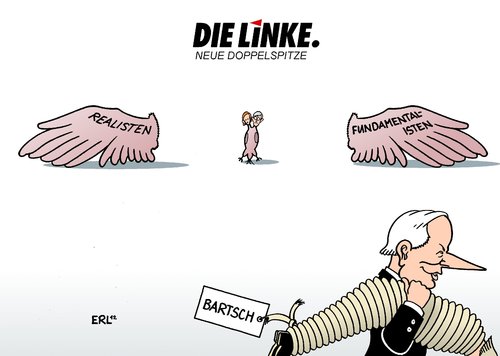 Cartoon: Die Linke Neue Doppelspitze (medium) by Erl tagged die,linke,linkspartei,partei,vorsitz,doppelspitze,kipping,riexinger,flügel,realisten,fundamentalisten,oskar,lafontaine,dietmar,bartsch,zerwürfnis,streit,kandidatur,linke,partei,parteitag,göttingen,gysi,lafontaine,bartsch,kipping,riexinger,wagenknecht