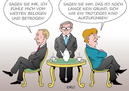 Cartoon: Diesmal mit Dolmetscher (medium) by Erl tagged bundeskanzlerin,angela,merkel,deutschland,besuch,russland,präsident,wladimir,putin,enttäuschung,westen,konflikt,ukraine,ostukraine,krim,sanktionen,bürgerkrieg,krieg,syrien,positionen,weit,entfernt,verständnis,sprache,dolmetscher,gespräch,kommunikation,kar,merkel,putin