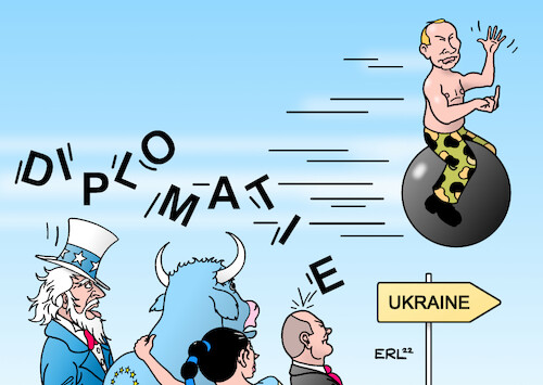 Cartoon: Diplomatie (medium) by Erl tagged politik,überfall,russland,ukraine,einmarsch,invasion,angriff,militär,präsident,wladimir,putin,lügen,baron,münchhausen,ritt,kanonenkugel,show,diplomatie,eu,usa,deutschland,bundeskanzler,olaf,scholz,verachtung,demokratie,freiheit,karikatur,erl,politik,überfall,russland,ukraine,einmarsch,invasion,angriff,militär,präsident,wladimir,putin,lügen,baron,münchhausen,ritt,kanonenkugel,show,diplomatie,eu,usa,deutschland,bundeskanzler,olaf,scholz,verachtung,demokratie,freiheit,karikatur,erl