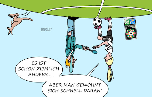 Cartoon: Down Under (medium) by Erl tagged politik,sport,fußball,weltmeisterschaft,wm,frauen,australien,neuseeland,down,under,südhalbkugel,erde,interview,spielerin,deutschland,reporter,känguru,karikatur,erl,politik,sport,fußball,weltmeisterschaft,wm,frauen,australien,neuseeland,down,under,südhalbkugel,erde,interview,spielerin,deutschland,reporter,känguru,karikatur,erl