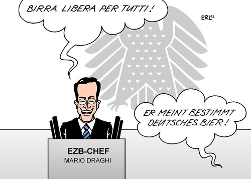 Cartoon: Draghi im Bundestag (medium) by Erl tagged ezb,europäische,zentralbank,bank,eu,chef,mario,draghi,staatsanleihen,aufkäufe,schulden,haftung,freibier,bier,deutschland,sparkurs,bundestag,adler,italienisch,ezb,europäische,zentralbank,bank,eu,chef,mario,draghi,staatsanleihen,aufkäufe,schulden,haftung,freibier,bier,deutschland,sparkurs,bundestag,adler,italienisch