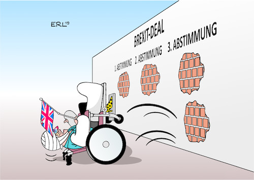 Cartoon: Dritte Abstimmung (medium) by Erl tagged politik,brexit,großbritannien,gb,uk,austritt,eu,europäische,union,theresa,may,premierministerin,vertrag,erste,zweite,dritte,abstimmung,parlament,niederlage,ungewissheit,no,deal,chaos,zweites,referendum,termin,29,märz,verschiebung,12,april,22,mai,unterhaus,abstimmungen,alternativen,ablehnung,kopf,wand,karikatur,erl,politik,brexit,großbritannien,gb,uk,austritt,eu,europäische,union,theresa,may,premierministerin,vertrag,erste,zweite,dritte,abstimmung,parlament,niederlage,ungewissheit,no,deal,chaos,zweites,referendum,termin,29,märz,verschiebung,12,april,22,mai,unterhaus,abstimmungen,alternativen,ablehnung,kopf,wand,karikatur,erl