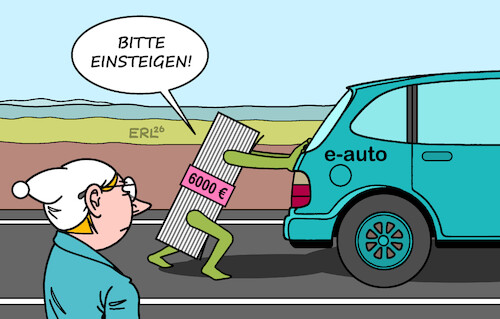 Cartoon: E-Auto-Prämie (medium) by Erl tagged politik,auto,elektromobilität,elektroauto,prämie,förderung,anschub,regierung,michel,karikatur,erl,politik,auto,elektromobilität,elektroauto,prämie,förderung,anschub,regierung,michel,karikatur,erl