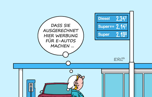 Cartoon: E-Autos (medium) by Erl tagged politik,mobilität,trump,irankrieg,anstieg,spritpreis,benzinpreis,förderprämie,elektroauto,umdenken,autofahrer,autofahrerinnen,tankstelle,werbung,michel,karikatur,erl,politik,mobilität,trump,irankrieg,anstieg,spritpreis,benzinpreis,förderprämie,elektroauto,umdenken,autofahrer,autofahrerinnen,tankstelle,werbung,michel,karikatur,erl
