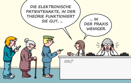 Cartoon: E-Patientenakte (medium) by Erl tagged politik,gesundheit,medizin,elektronische,patientenakte,theorie,praxis,arztpraxis,patientin,patient,arzthelferin,karikatur,erl,politik,gesundheit,medizin,elektronische,patientenakte,theorie,praxis,arztpraxis,patientin,patient,arzthelferin,karikatur,erl