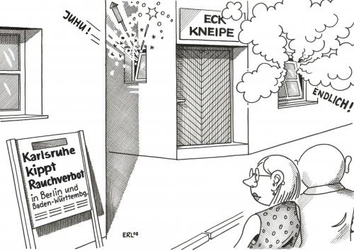 Cartoon: Eckkneipe (medium) by Erl tagged rauchverbot,berlin,baden,württemberg,bundesverfassungsgericht,karlsruhe,eckkneipe,rauchverbot,urteil,nichtraucher,nichtraucherschutz,nichtraucherschutzgesetz,passivraucher,aktivraucher,gesetz,gastronomie,bundesverfassungsgericht,karlsruhe,eckkneipe,berlin,badenwürttemberg,baden württemberg,bar,umsatzrückgang,kunde,gast,lokal,gaststätte,gästerückgang,unzufriedenheit,insolvenz,konkurs,feier,neufassung,neuregelung,zigaretten,nikotin,sucht,droge,rauch,raucher,bundesdrogenbeauftragter,sabine bätzing,ausnahmebedingung,raucherkneipe,raucherzimmer,jubel,klage,gastwirt,wirtsklage,bußgelder,gesetzesmissachtung,strafe,baden,württemberg,sabine,bätzing