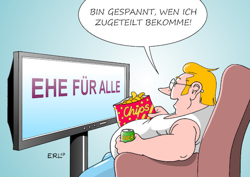 Cartoon: Ehe für Alle (medium) by Erl tagged ehe,für,alle,homoehe,adoptionsrecht,gleichgeschlechtlich,homosexualität,schwul,lesbisch,heiraten,bundeskanzlerin,angela,merkel,meinung,änderung,spd,grüne,linke,abstimmung,bundestag,kritik,cdu,csu,union,konservative,fernsehen,chips,bier,zuteilung,karikatur,erl,ehe,für,alle,homoehe,adoptionsrecht,gleichgeschlechtlich,homosexualität,schwul,lesbisch,heiraten,bundeskanzlerin,angela,merkel,meinung,änderung,spd,grüne,linke,abstimmung,bundestag,kritik,cdu,csu,union,konservative,fernsehen,chips,bier,zuteilung,karikatur,erl