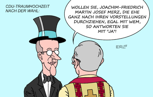 Cartoon: Ehe ohne alle (medium) by Erl tagged politik,cdu,friedrich,merz,programm,migration,umsetzung,kanzler,kompromisslos,koalition,ehe,hochzeit,karikatur,erl,politik,cdu,friedrich,merz,programm,migration,umsetzung,kanzler,kompromisslos,koalition,ehe,hochzeit,karikatur,erl