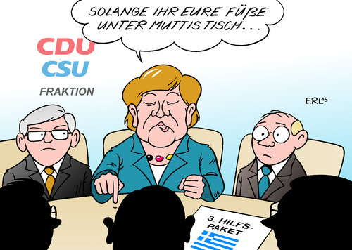 Cartoon: Einstimmung auf die Abstimmung (medium) by Erl tagged griechenland,hilfspaket,drittes,abstimmung,bundestag,abweichler,neinsager,nein,union,cdu,csu,bundeskanzlerin,angela,merkel,regierungsmehrheit,euro,eu,ezb,esm,iwf,eurozone,währungsunion,geld,finanzen,füße,tisch,karikatur,erl,griechenland,hilfspaket,drittes,abstimmung,bundestag,abweichler,neinsager,nein,union,cdu,csu,bundeskanzlerin,angela,merkel,regierungsmehrheit,euro,eu,ezb,esm,iwf,eurozone,währungsunion,geld,finanzen,füße,tisch,karikatur,erl