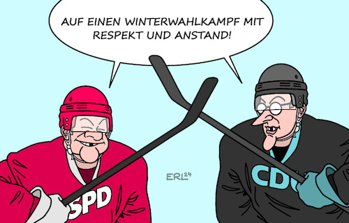 Cartoon: Eishockeyschläger (medium) by Erl tagged politik,steinmeier,auflösung,bundestag,neuwahlen,wahlkampf,winter,respekt,anstand,eishockey,scholz,merz,karikatur,erl,politik,steinmeier,auflösung,bundestag,neuwahlen,wahlkampf,winter,respekt,anstand,eishockey,scholz,merz,karikatur,erl