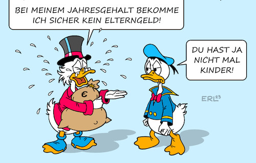 Cartoon: Elterngeld (medium) by Erl tagged politik,sozialpolitik,familie,kinder,elterngeld,anspruch,jahresgehalt,streichung,gutverdiener,onkel,dagobert,reichtum,armut,donald,duck,karikatur,erl,politik,sozialpolitik,familie,kinder,elterngeld,anspruch,jahresgehalt,streichung,gutverdiener,onkel,dagobert,reichtum,armut,donald,duck,karikatur,erl