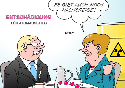 Cartoon: Entschädigung (medium) by Erl tagged energiekonzerne,klage,bundesverfassungsgericht,karlsruhe,urteil,entschädigung,atomausstieg,verhandlung,kosten,atommüll,endlagerung,atomenergie,atomkraftwerk,laufzeit,bundeskanzlerin,angela,merkel,kaffee,kuchen,nachspeise,karikatur,erl,energiekonzerne,klage,bundesverfassungsgericht,karlsruhe,urteil,entschädigung,atomausstieg,verhandlung,kosten,atommüll,endlagerung,atomenergie,atomkraftwerk,laufzeit,bundeskanzlerin,angela,merkel,kaffee,kuchen,nachspeise,karikatur,erl