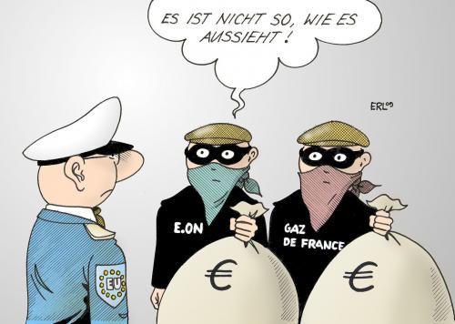 Cartoon: E.ON (medium) by Erl tagged eon,gaz,de,france,energie,versorger,kartell,absprache,preisabsprache,ausbeutung,räuber,polizei,eu,eon,gaz de france,energie,versorger,kartell,absprache,preisabsprache,ausbeutung,räuber,polizei,eu,europa,überfall,geld,raub,stehlen,energien,gaz,de,france,strom