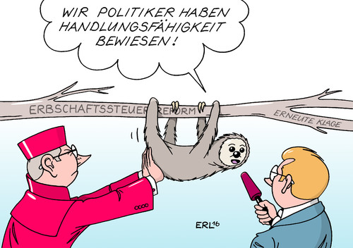 Cartoon: Erbschaftssteuer (medium) by Erl tagged erbschaftssteuer,vererbung,firma,erben,firmenerben,steuer,besteuerung,reform,klage,bundesverfassungsgericht,richter,karlsruhe,änderung,termin,politik,politiker,gesetzgeber,aufschieberitis,faulheit,kompromiss,last,minute,faultier,handlungsfähigkeit,karikatur,erl,erbschaftssteuer,vererbung,firma,erben,firmenerben,steuer,besteuerung,reform,klage,bundesverfassungsgericht,richter,karlsruhe,änderung,termin,politik,politiker,gesetzgeber,aufschieberitis,faulheit,kompromiss,last,minute,faultier,handlungsfähigkeit,karikatur,erl