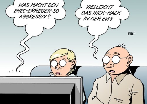 Cartoon: Erreger (medium) by Erl tagged eu,aggressiv,erbanlage,dan,bakterium,keim,erreger,ehec,europa,hick,hack,streit,schuld,schuldzuweisung,warnung,verbraucher,gemüse,salat,tomaten,gurken,deutschland,spanien,ehec,erreger,bakterium,erbanlage,aggressiv,europa