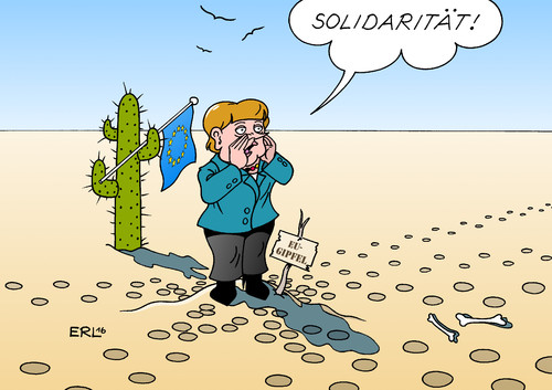 Cartoon: Erste Schritte auf dem EU-Gipfel (medium) by Erl tagged eu,gipfel,flüchtlinge,verteilung,solidarität,bundeskanzlerin,angela,merkel,isolation,egoismus,abschottung,erste,schritte,ruferin,rufer,wüste,kaktus,flagge,karikatur,erl,eu,gipfel,flüchtlinge,verteilung,solidarität,bundeskanzlerin,angela,merkel,isolation,egoismus,abschottung,erste,schritte,ruferin,rufer,wüste,kaktus,flagge,karikatur,erl