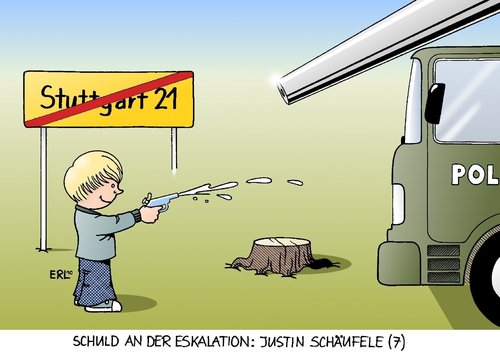 Cartoon: Eskalation (medium) by Erl tagged stuttgart,21,bahnhof,neubau,abris,abholzung,protest,demonstration,polizei,wasserwerfer,tränengas,schuld,wasserpistole,kommunikation,problem,s21,stuttgart 21,bahn,projekt,hauptbahnhof,südflügel,stuttgart,polizei,demonstration,wasserwerfer,tränengas,schuld,wasserpistole,gewalt,protest,21