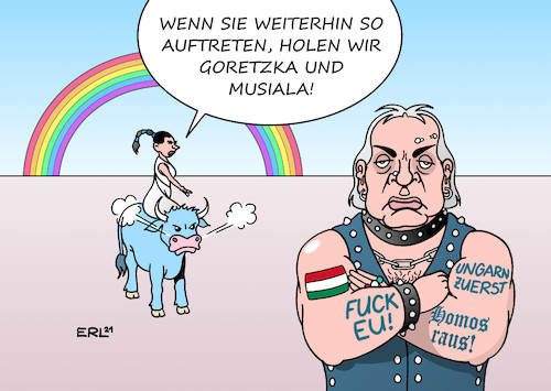 Cartoon: EU-Drohung (medium) by Erl tagged politik,sport,fußball,europameisterschaft,em,spiel,deutschland,leon,goretzka,jamal,musiala,assist,tor,ungarn,allianz,arena,münchen,wunsch,beleuchtung,regenbogenfarben,lgbt,lgbtqia,nein,uefa,viktor,orban,gesetz,verbot,darstellung,homosexualität,normal,homophobie,rechtspopulismus,rechtsextremismus,nationalismus,natur,regenbogen,werte,europa,stier,eu,toleranz,karikatur,erl,politik,sport,fußball,europameisterschaft,em,spiel,deutschland,leon,goretzka,jamal,musiala,assist,tor,ungarn,allianz,arena,münchen,wunsch,beleuchtung,regenbogenfarben,lgbt,lgbtqia,nein,uefa,viktor,orban,gesetz,verbot,darstellung,homosexualität,normal,homophobie,rechtspopulismus,rechtsextremismus,nationalismus,natur,regenbogen,werte,europa,stier,eu,toleranz,karikatur,erl