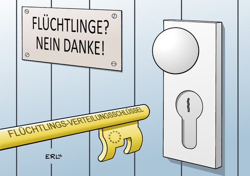 Cartoon: EU Flüchtlinge (medium) by Erl tagged flüchtlinge,eu,verteilung,schlüssel,verteilungsschlüssel,solidarität,verweigerung,egoismus,tür,haustür,schloss,karikatur,erl,flüchtlinge,eu,verteilung,schlüssel,verteilungsschlüssel,solidarität,verweigerung,egoismus,tür,haustür,schloss,karikatur,erl