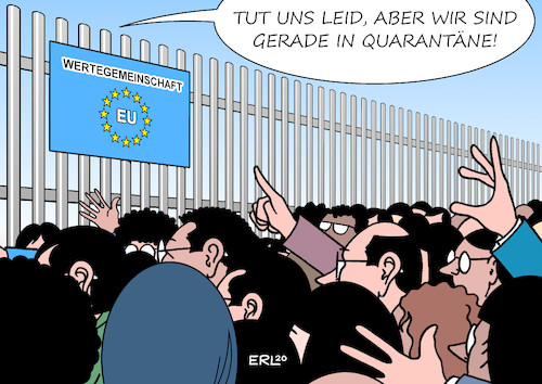 Cartoon: EU Flüchtlinge (medium) by Erl tagged politik,eu,werte,wertegemeinschaft,humanität,aufnahme,flüchtlinge,versagen,quarantäne,coronavirus,covid19,infektion,pandemie,krankheit,zaun,karikatur,erl,politik,eu,werte,wertegemeinschaft,humanität,aufnahme,flüchtlinge,versagen,quarantäne,coronavirus,covid19,infektion,pandemie,krankheit,zaun,karikatur,erl