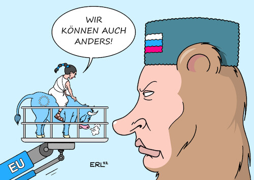 Cartoon: EU Russland (medium) by Erl tagged politik,konflikt,russland,westen,usa,eu,präsident,putin,truppen,grenze,ukraine,forderung,rückzug,neutralität,europa,stier,nato,verlegung,osteuropa,signal,stärke,hebebühne,karikatur,erl,politik,konflikt,russland,westen,usa,eu,präsident,putin,truppen,grenze,ukraine,forderung,rückzug,neutralität,europa,stier,nato,verlegung,osteuropa,signal,stärke,hebebühne,karikatur,erl