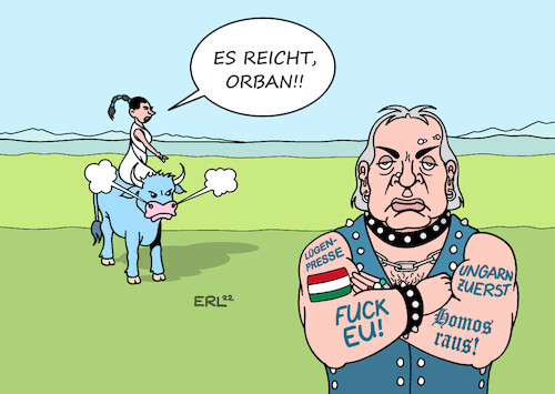 Cartoon: EU Ungarn (medium) by Erl tagged politik,eu,klage,ungarn,viktor,orban,einschränkung,demokratie,meinungfreiheit,pressefreiheit,schutz,minderheiten,europa,stier,karikatur,erl,politik,eu,klage,ungarn,viktor,orban,einschränkung,demokratie,meinungfreiheit,pressefreiheit,schutz,minderheiten,europa,stier,karikatur,erl